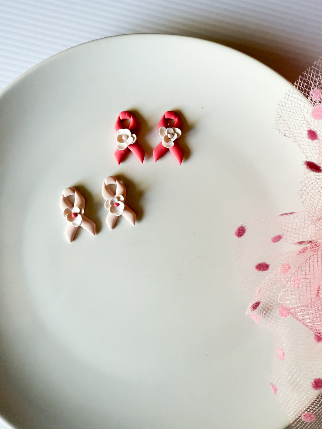 Pink Ribbon Flower Studs