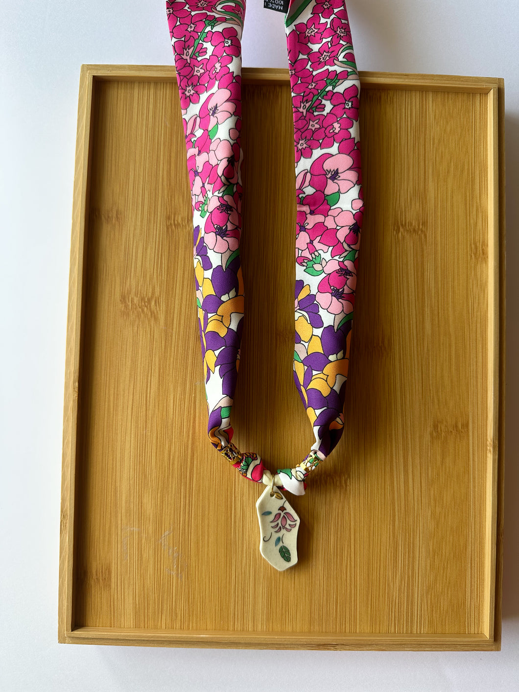 Colorful Piece on Floral Pink Scarf Necklace