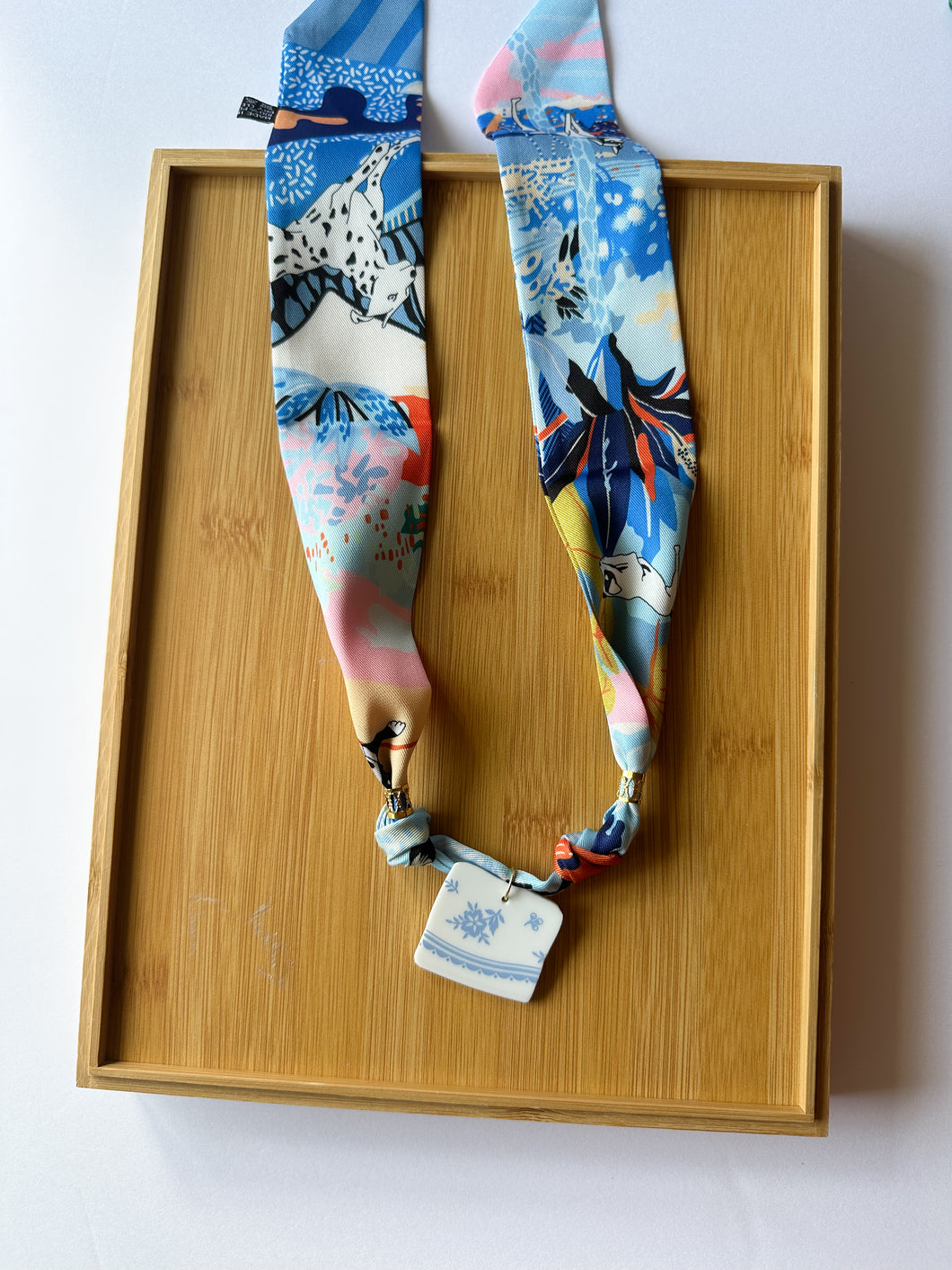 Blue and White Piece on Blue Puppy Scarf Necklace