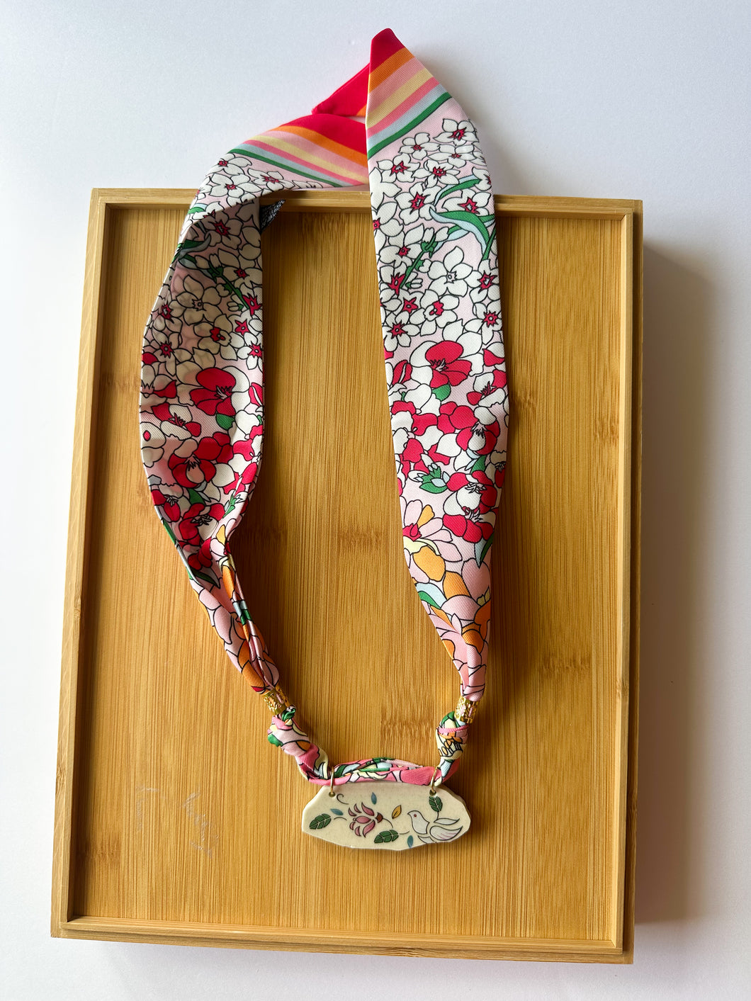 Bright Floral Bird Piece on Scarf Necklace