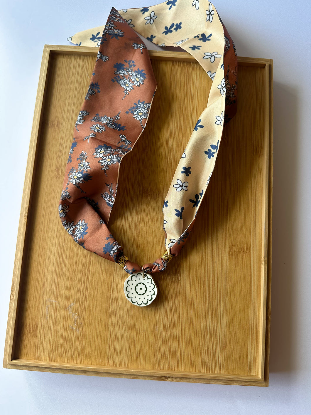 White and Green Piece on Brown Floral Scarf Necklace
