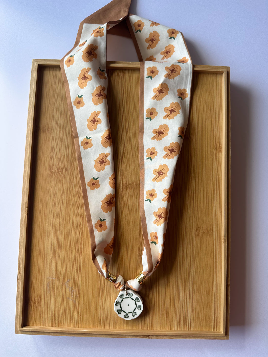 White and Green Piece on Mustard Yellow Floral Scarf Necklace