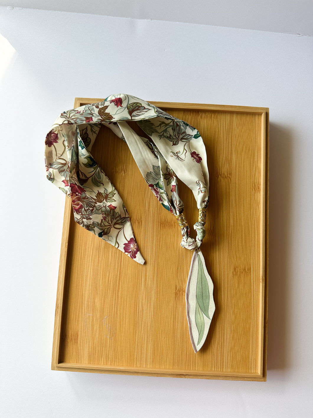 Green Leaf Piece on Cream Floral Scarf Necklace
