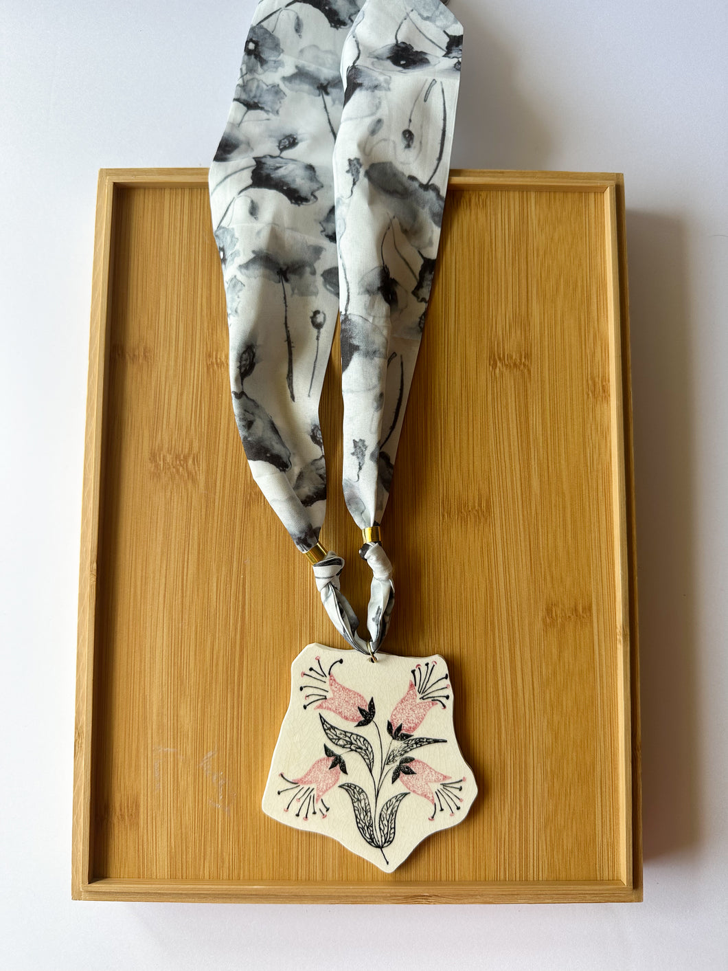 Black and Pink Floral Piece on Scarf Necklace