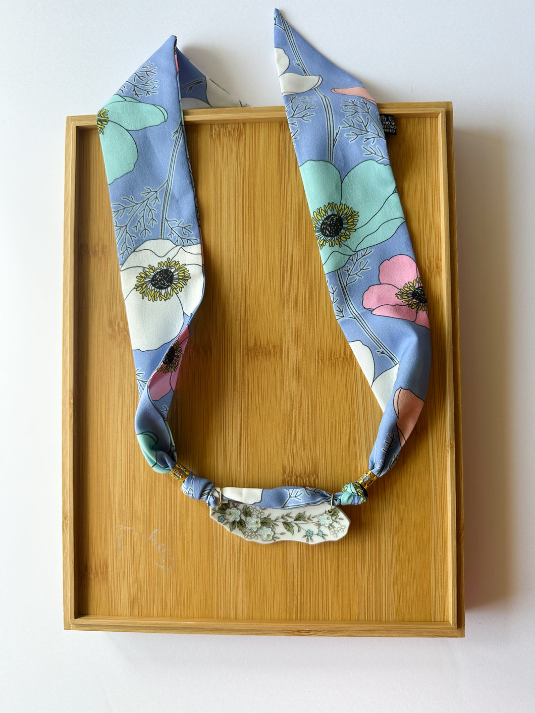 Blue Floral Piece on Scarf Necklace